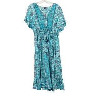 Zury Blue Boho Print Flutter Sleeve Maxi Dress V-Neck Silk Bohemian FREE SIZE